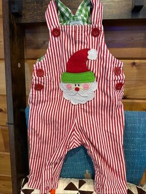 Mud Pie Red & White Striped Santa Overalls with Green Trim